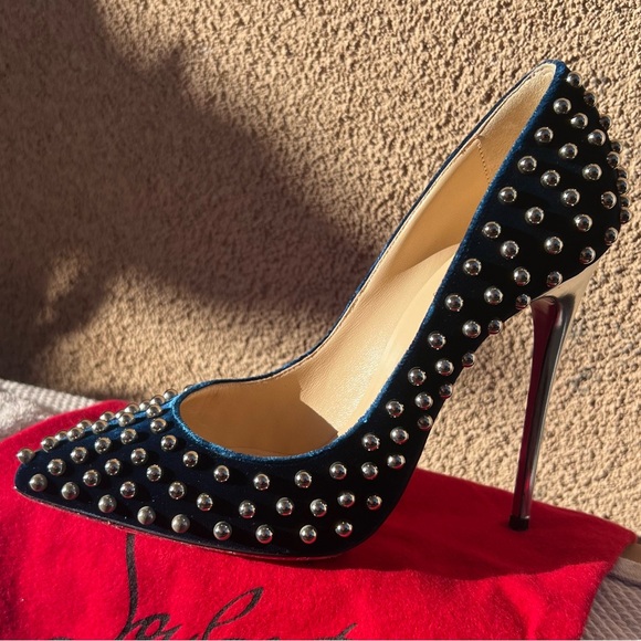 Christian Louboutin BILLY 120 Velvet Silver Studded Eclipse High Heels EU 37 - Picture 7 of 14